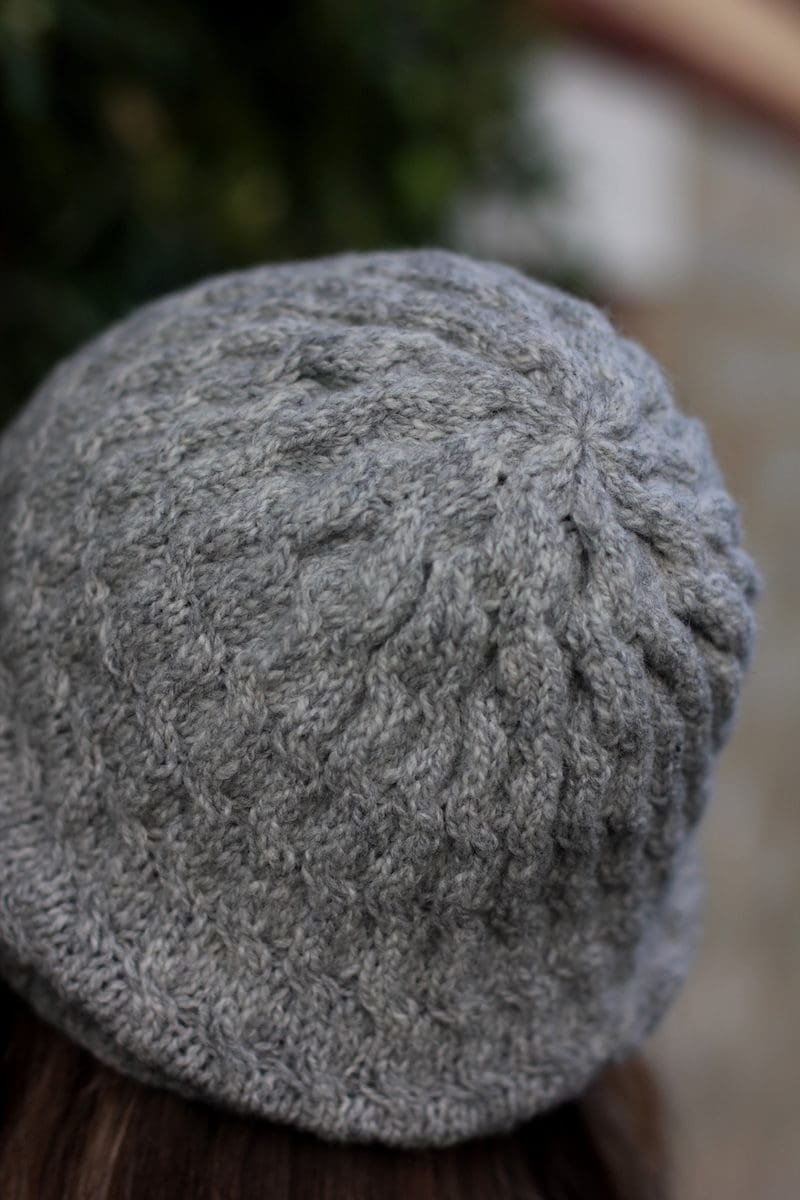 Gray soft swell beanie. Knit hat with a textured pattern. Winter headwear fashion.