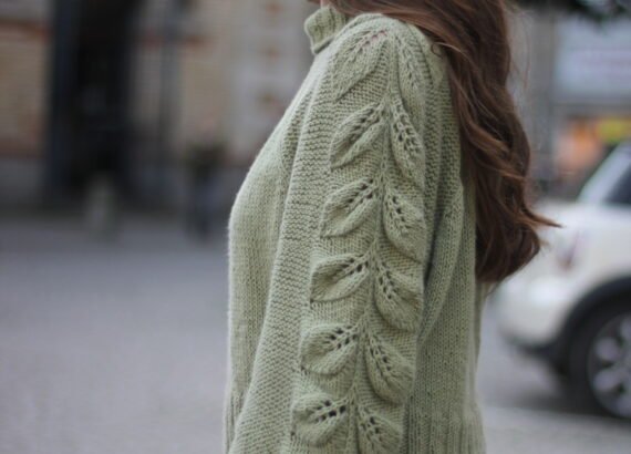 Leaf raglan sweater women knitting pattern – seamless top-down botanical sweater