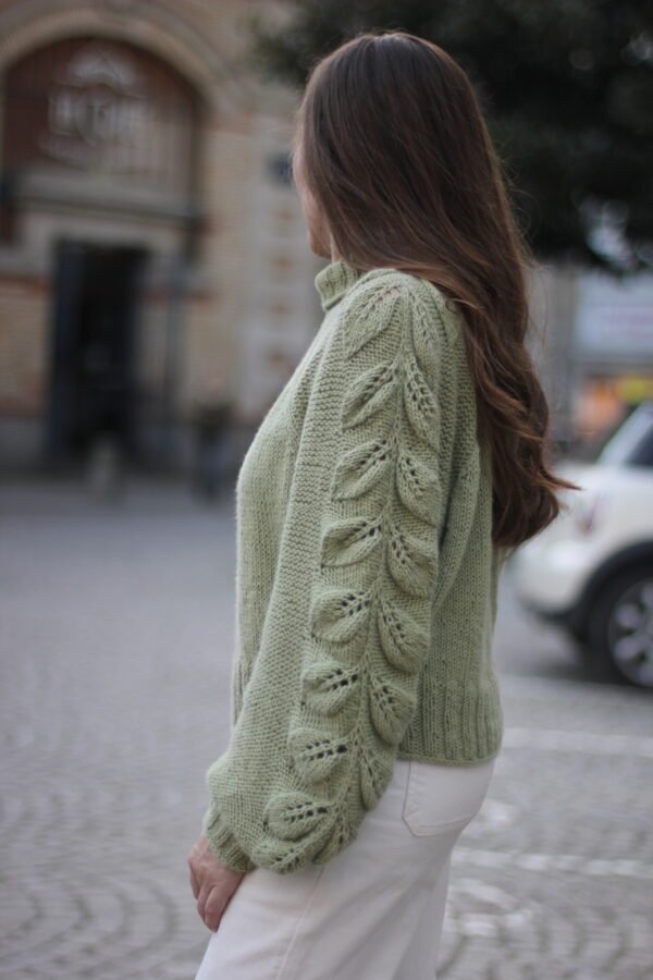 Leaf raglan sweater women knitting pattern – seamless top-down botanical sweater