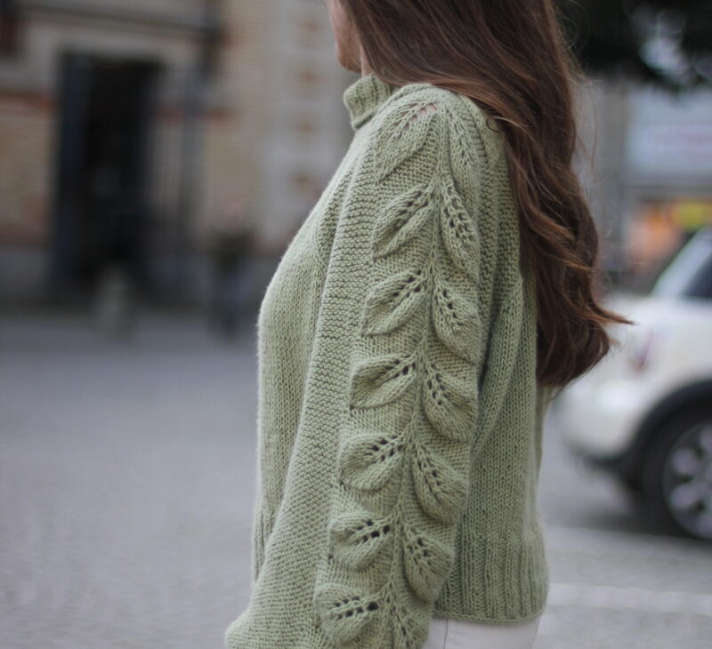 Leaf raglan sweater women knitting pattern – seamless top-down botanical sweater