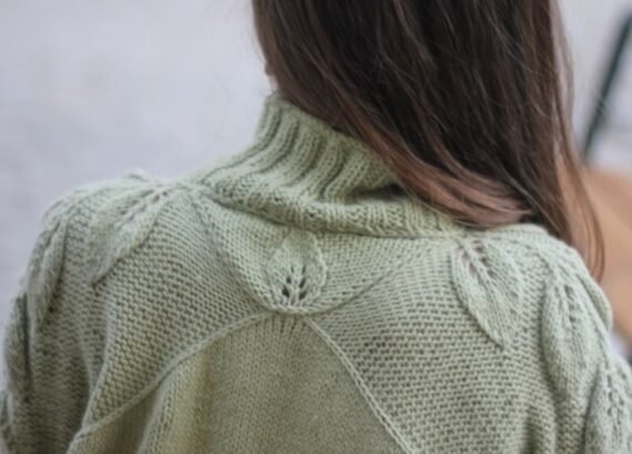 Beleaf Me adult sweater knitting pattern – seamless top-down raglan with leaf motif sleeves